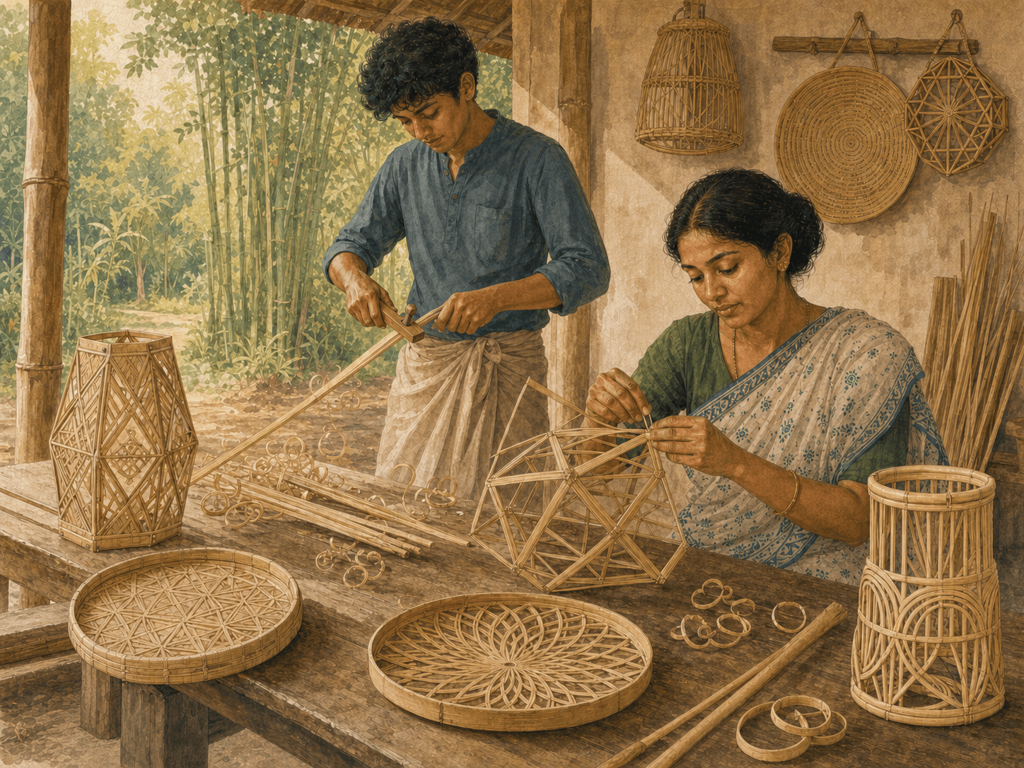 Illustration of artisans making bamboo home objects in a West Bengal workshop