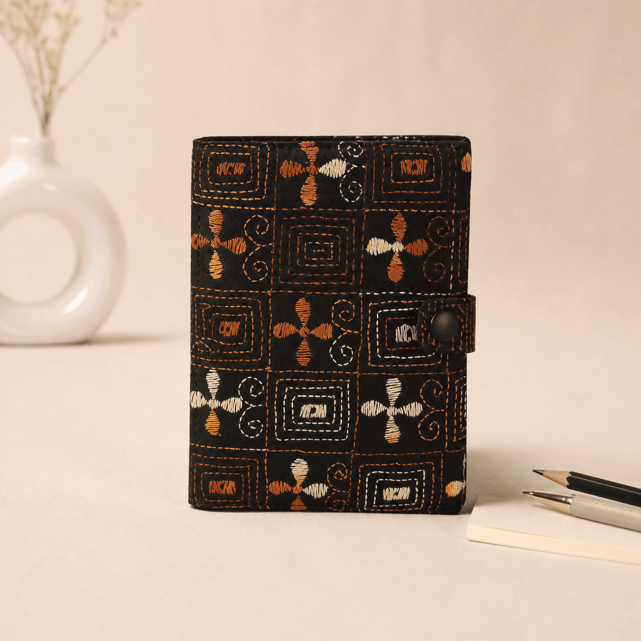 Kantha Black and Terracotta Pattern Diary, handcrafted in Bolpur, Birbhum, West Bengal