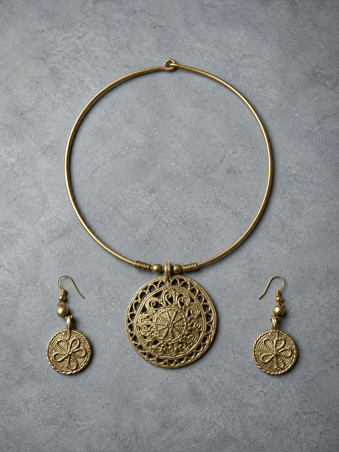 Dokra Sunwheel Necklace and Earrings, handcrafted in Bikna, Bankura, West Bengal