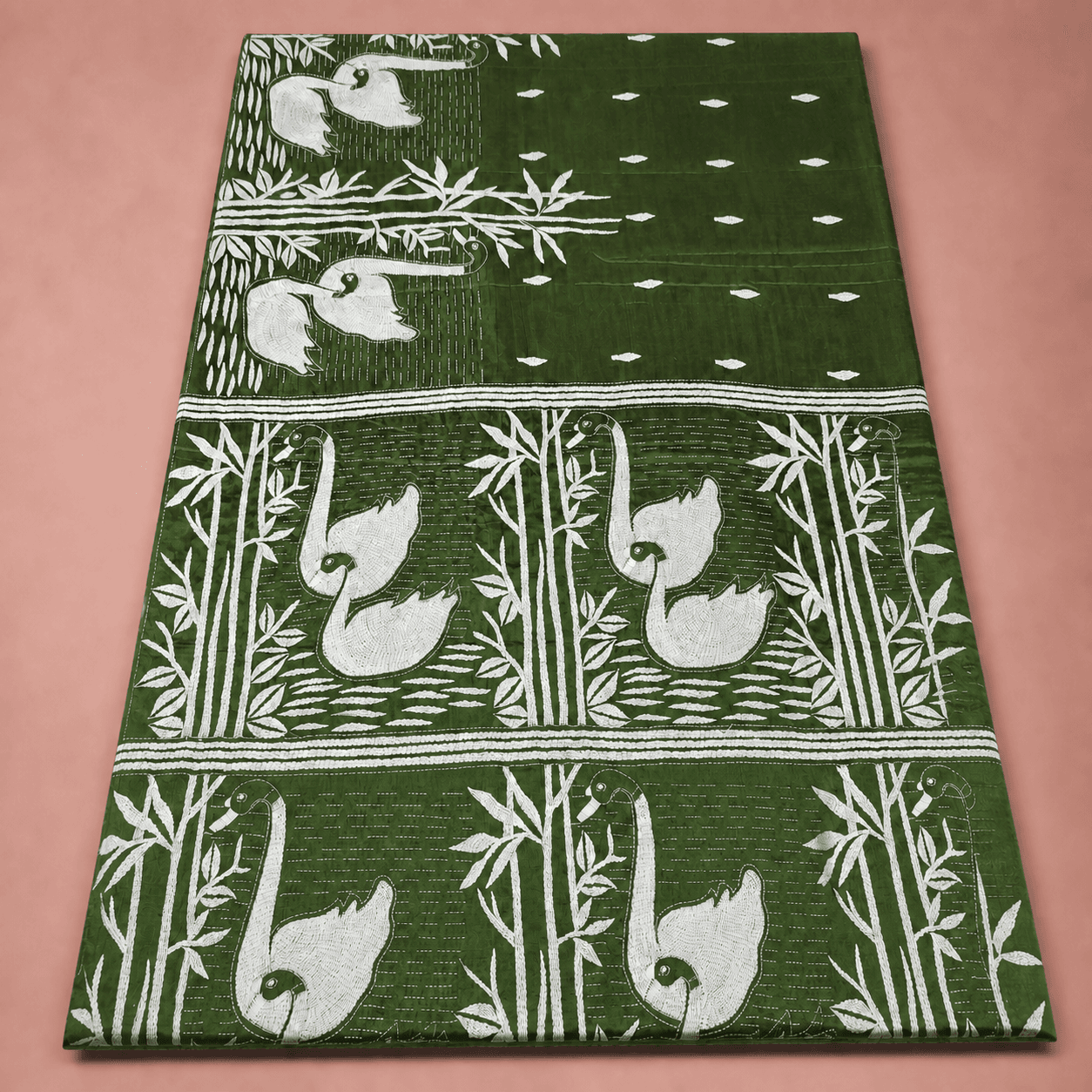Green Bird and Bamboo Motif Saree, handcrafted in Birbhum, West Bengal