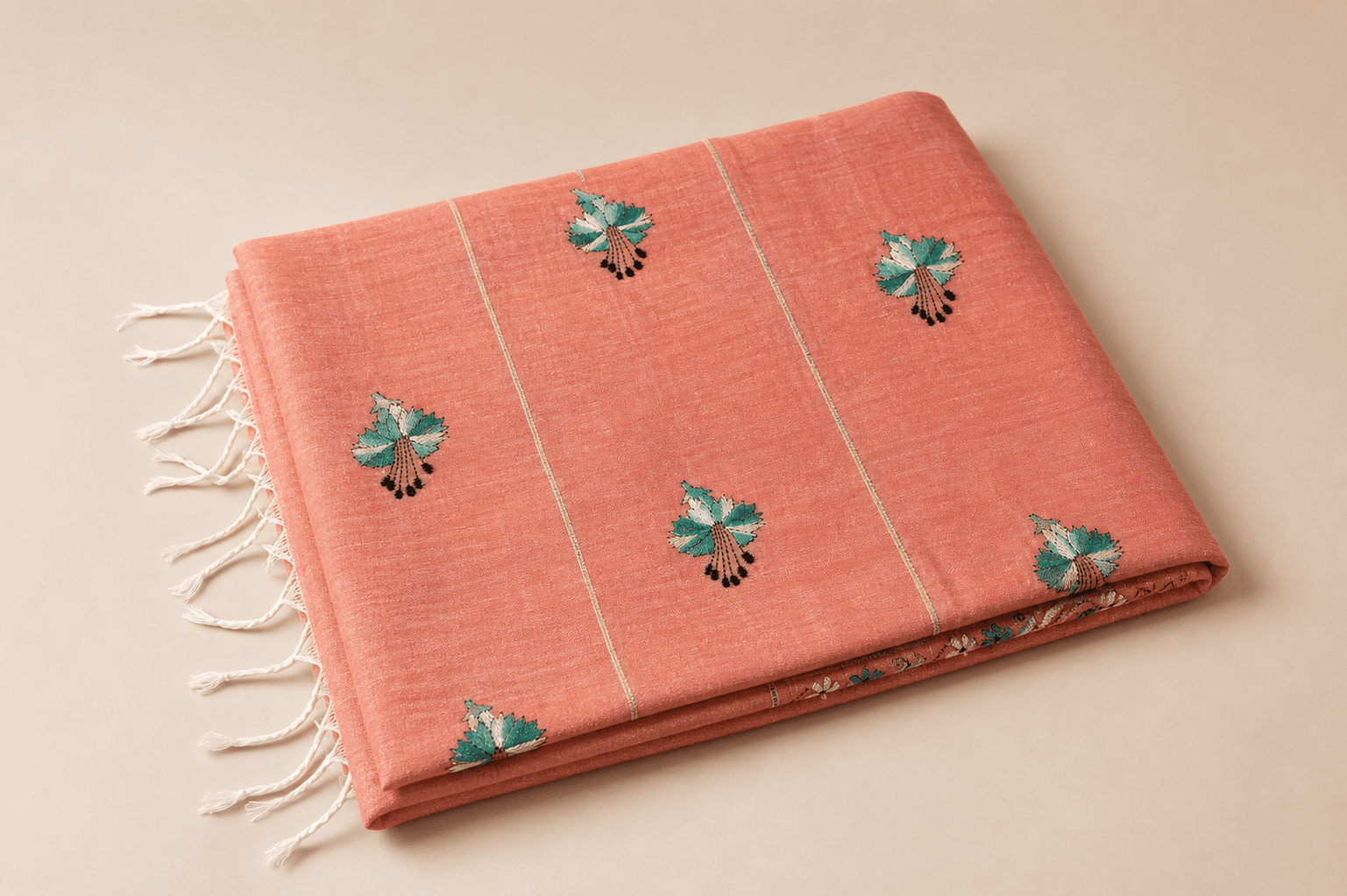 Kantha Peach Cotton Saree with Teal Floral Motifs, handcrafted in From Birbhum, West Bengal