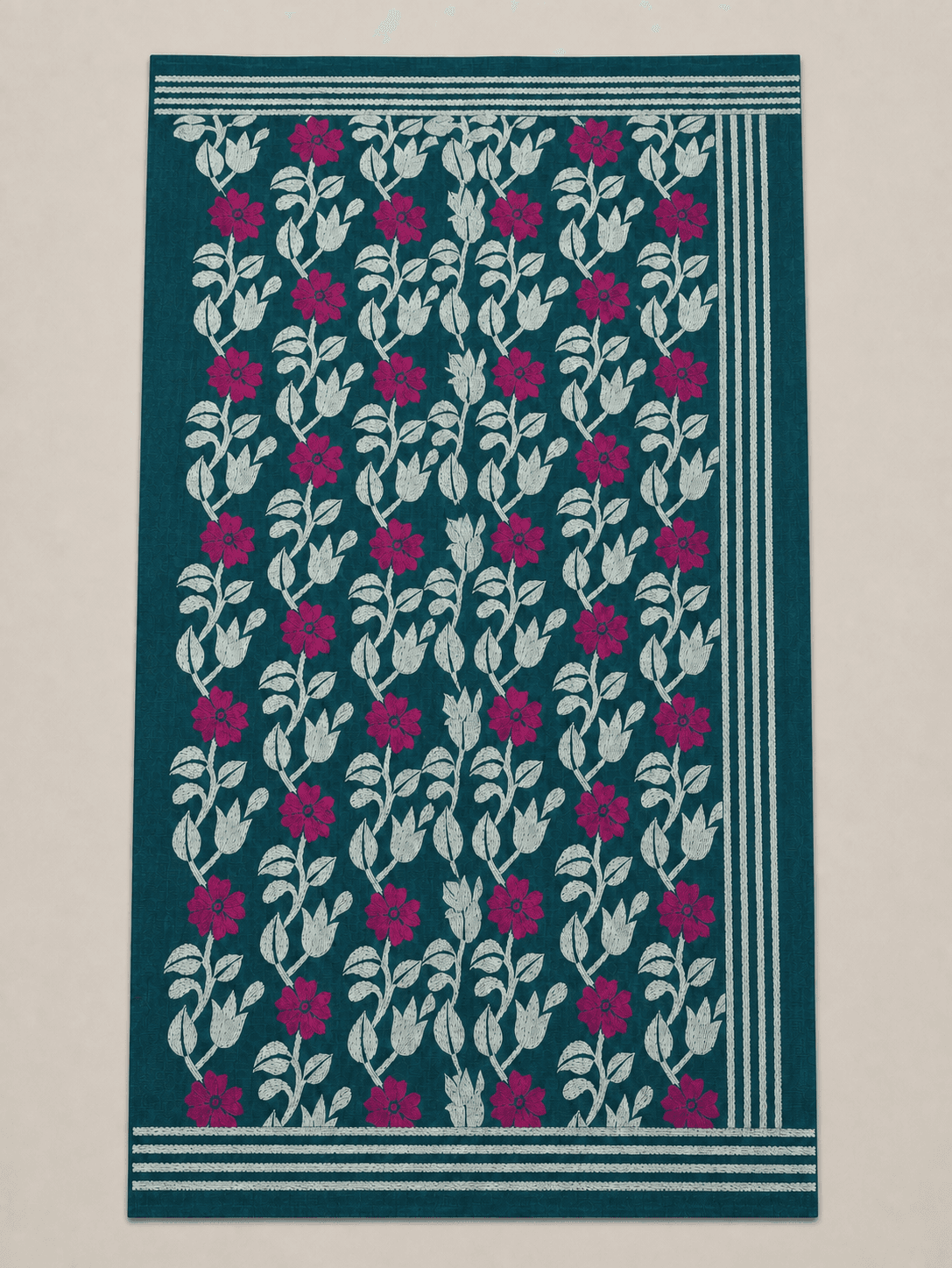Kantha Teal and Magenta Floral Vine Silk Saree, handcrafted in Bolpur, Birbhum, West Bengal