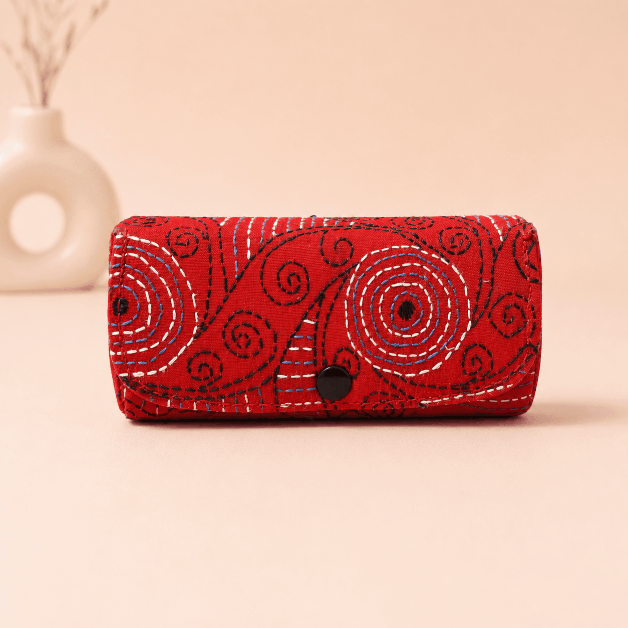 Kantha Scarlet Spiral Spectacle Case, handcrafted in Bolpur, Birbhum, West Bengal
